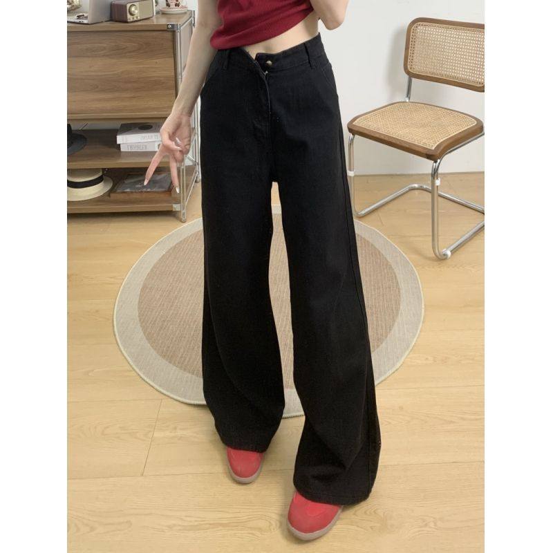 小个子一米五美式复古黑色阔腿牛仔裤女高腰直筒筒裤拖地显瘦裤子