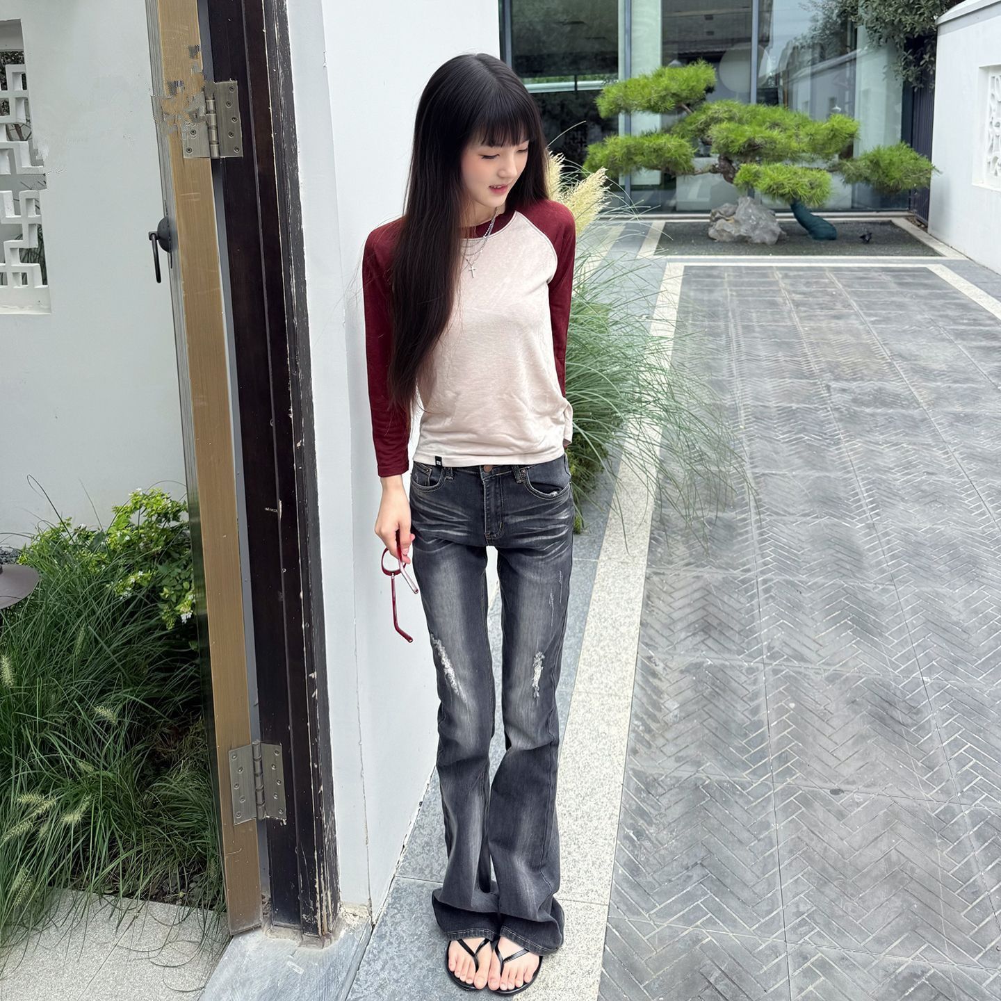 小个子美式高街破洞微喇牛仔裤女