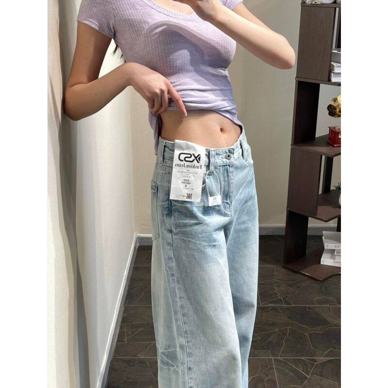 美式复古水洗做旧微喇牛仔裤女2026新款低腰显瘦百搭直筒阔腿长裤