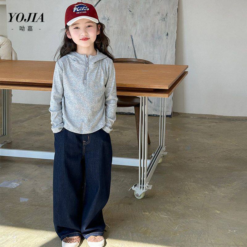 YOJIA女童T恤春季2025新款韩范修身小女孩连帽上衣儿童长袖春装