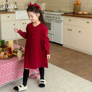 YOJIA女童连衣裙冬季2024新款洋气新年内搭儿童加厚针织裙子冬装