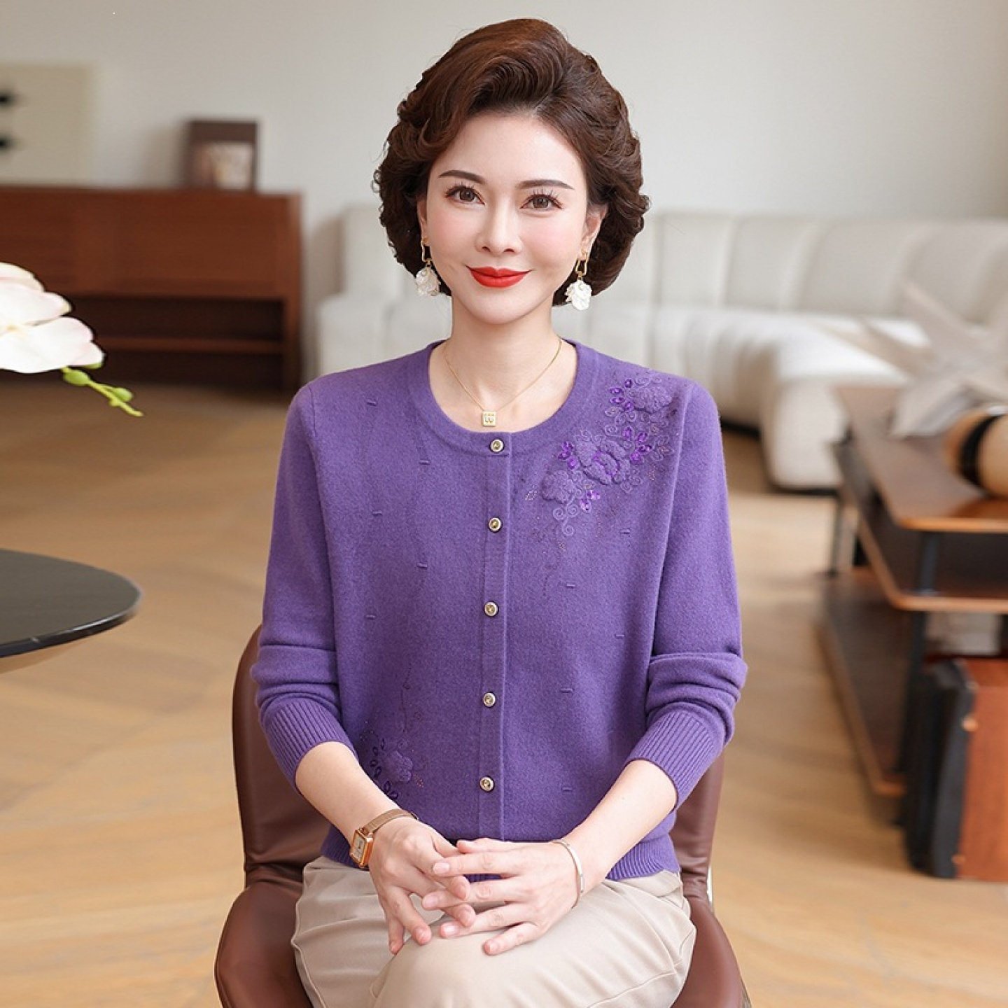 【100%纯山羊绒】针织羊绒衫外套女厚开衫中老年妈妈毛衣秋冬上衣