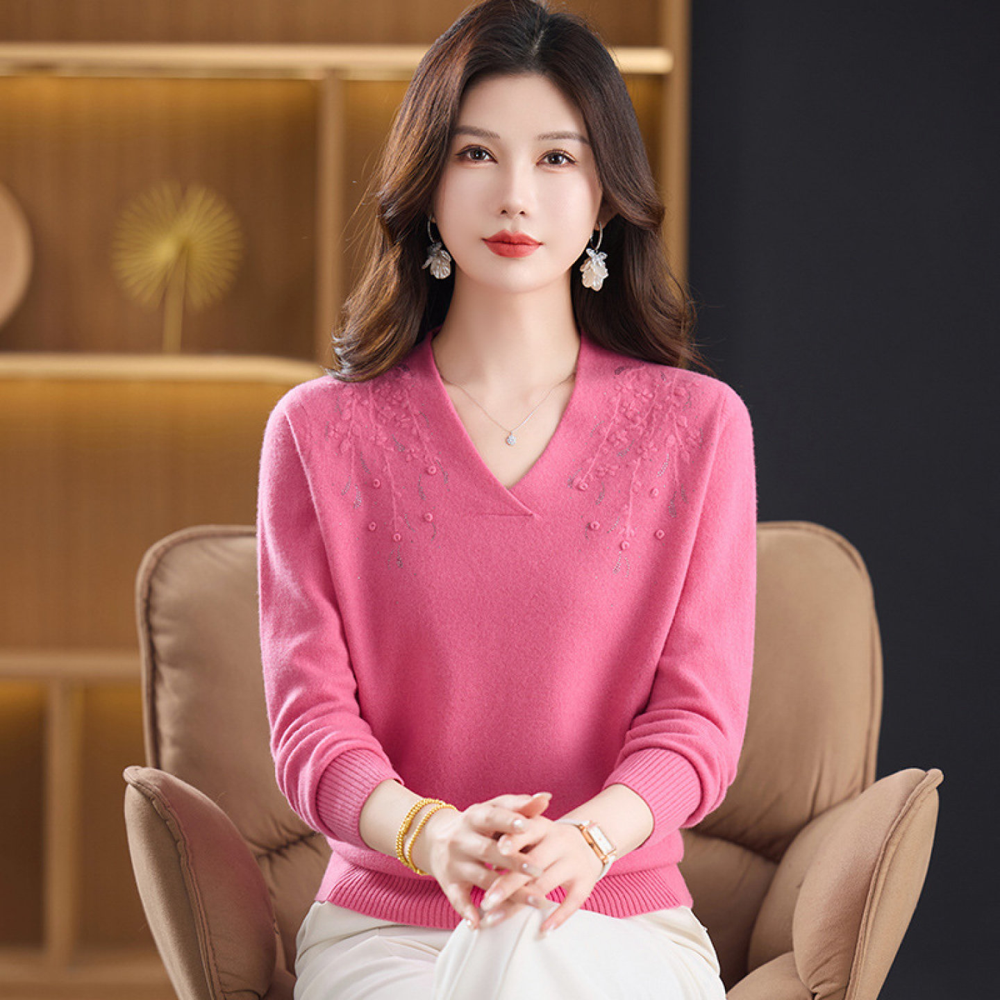 【100%纯山羊绒】上衣女厚款秋冬打底衫中老年妈妈毛衣针织羊绒衫