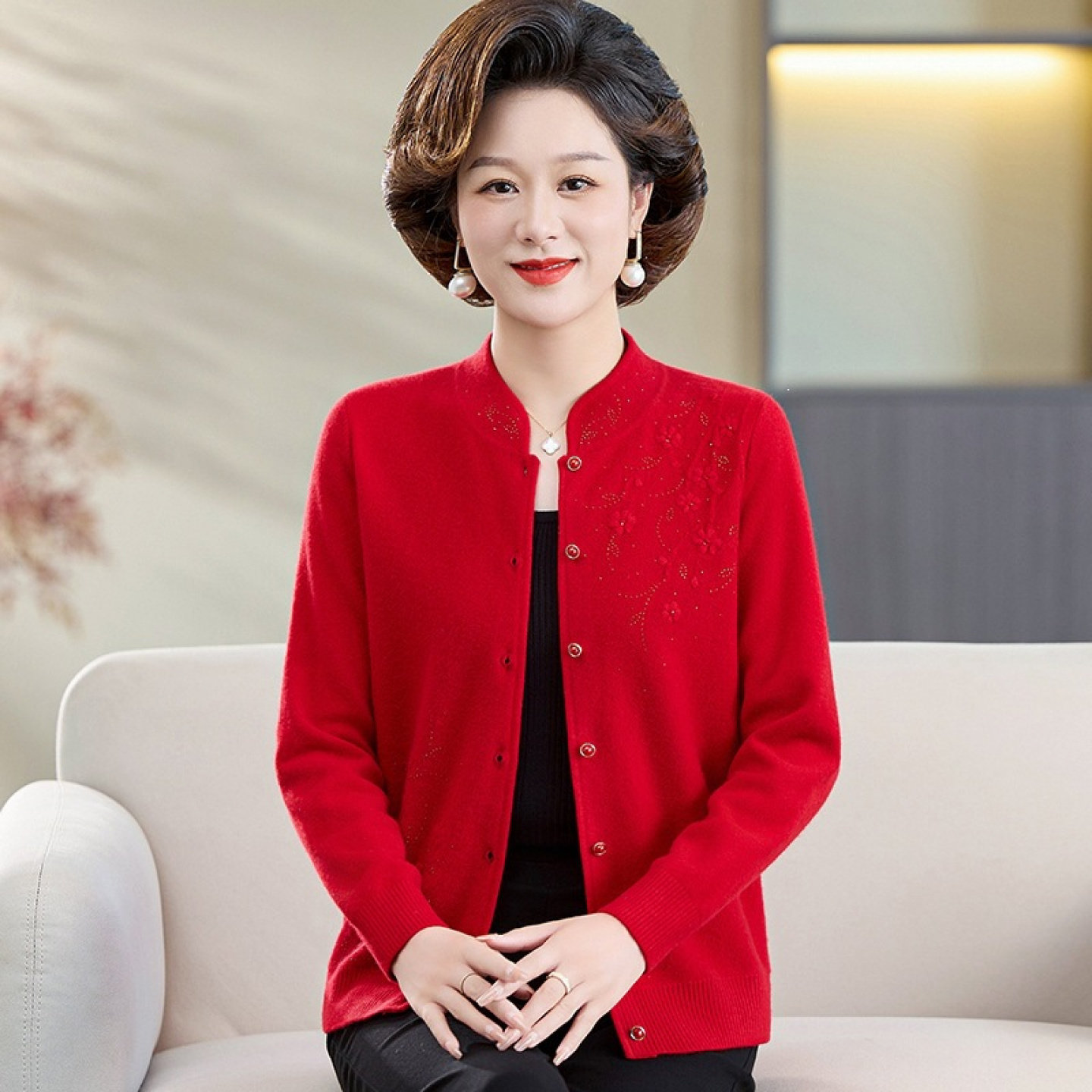 【100%纯山羊绒】针织羊绒衫外套开衫秋冬女厚中老年妈妈毛衣上衣