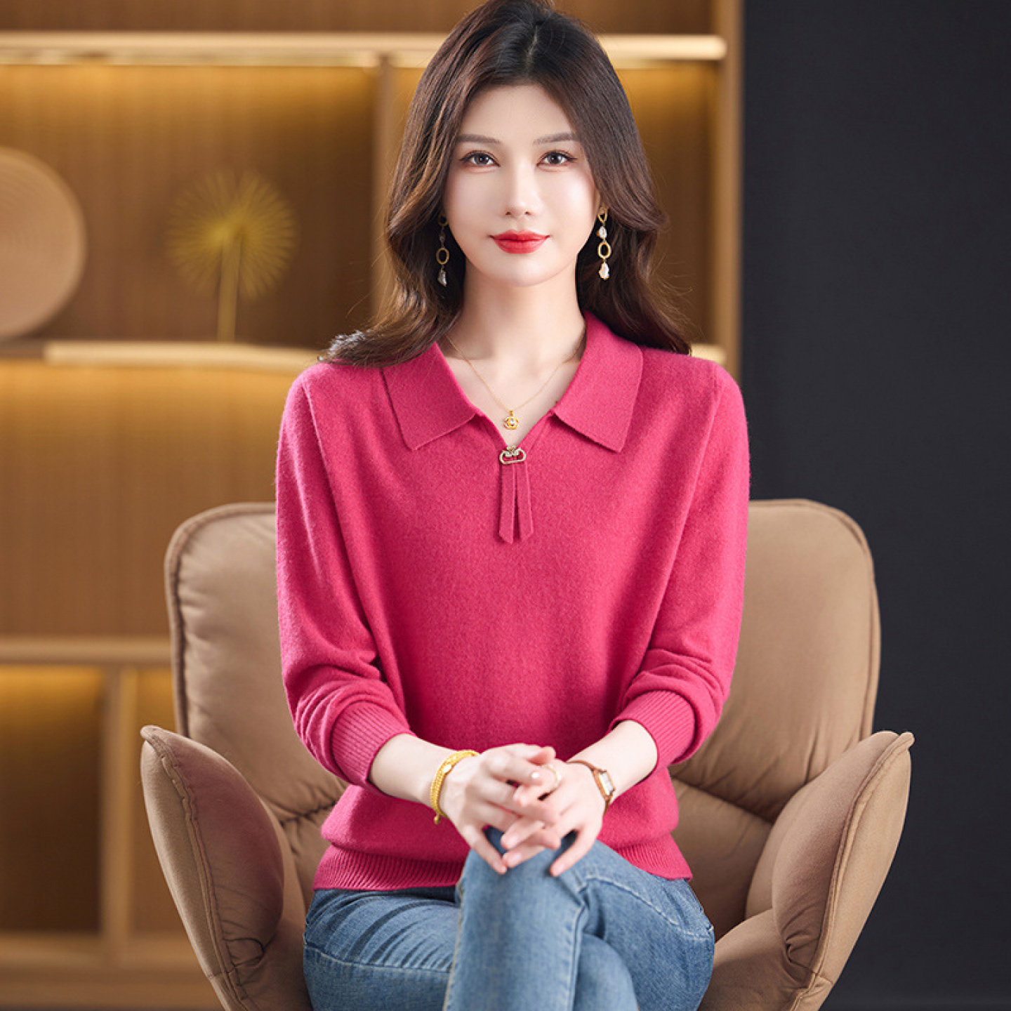 【100%纯山羊绒】上衣打底衫中老年妈妈毛衣针织羊绒衫女厚款秋冬