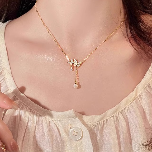 色滴釉微镶蝴蝶吊坠项链珍珠流苏
