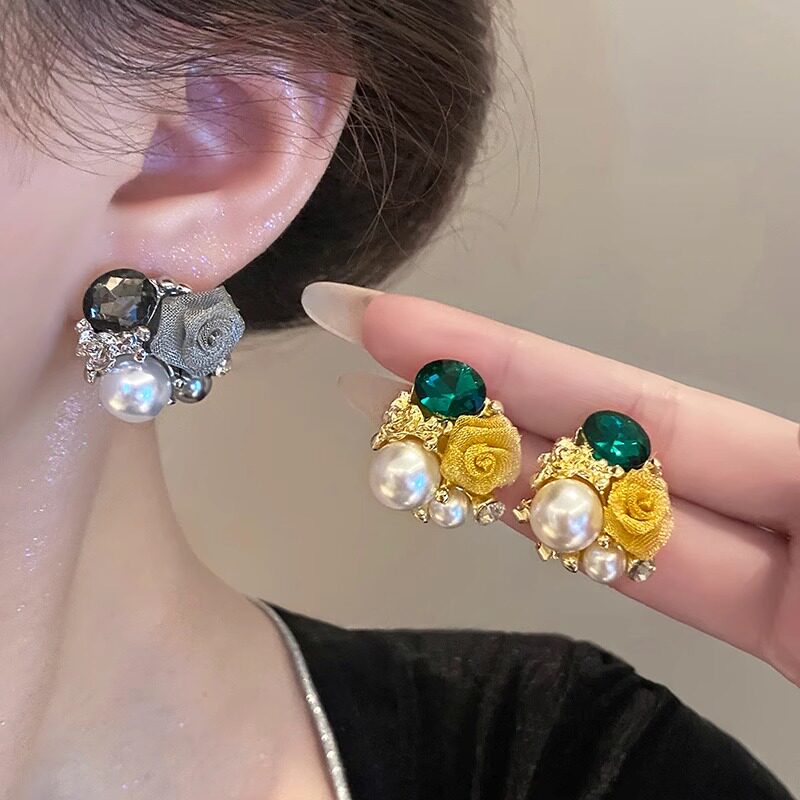 空玫瑰花朵珍珠耳钉女
