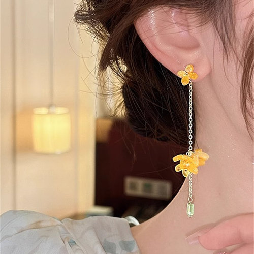 黄色桂花耳环女长款流苏耳钉
