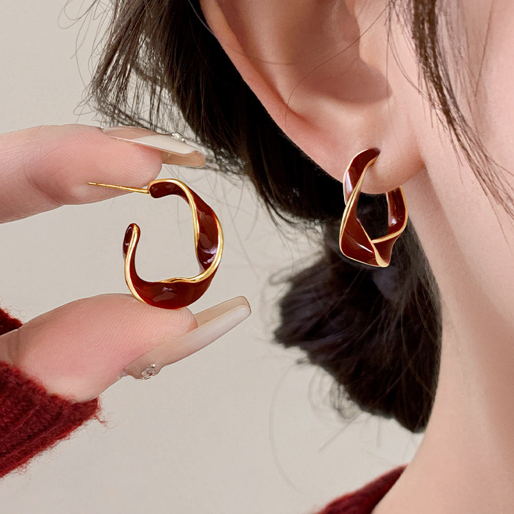 MEILAIFUREN高端定制红色滴釉圆圈耳钉小众设计感百搭气质耳饰品