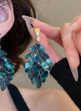 MEILAIFUREN高端定制欧美绿色晕染树叶耳钉轻奢夸张时尚气质耳环