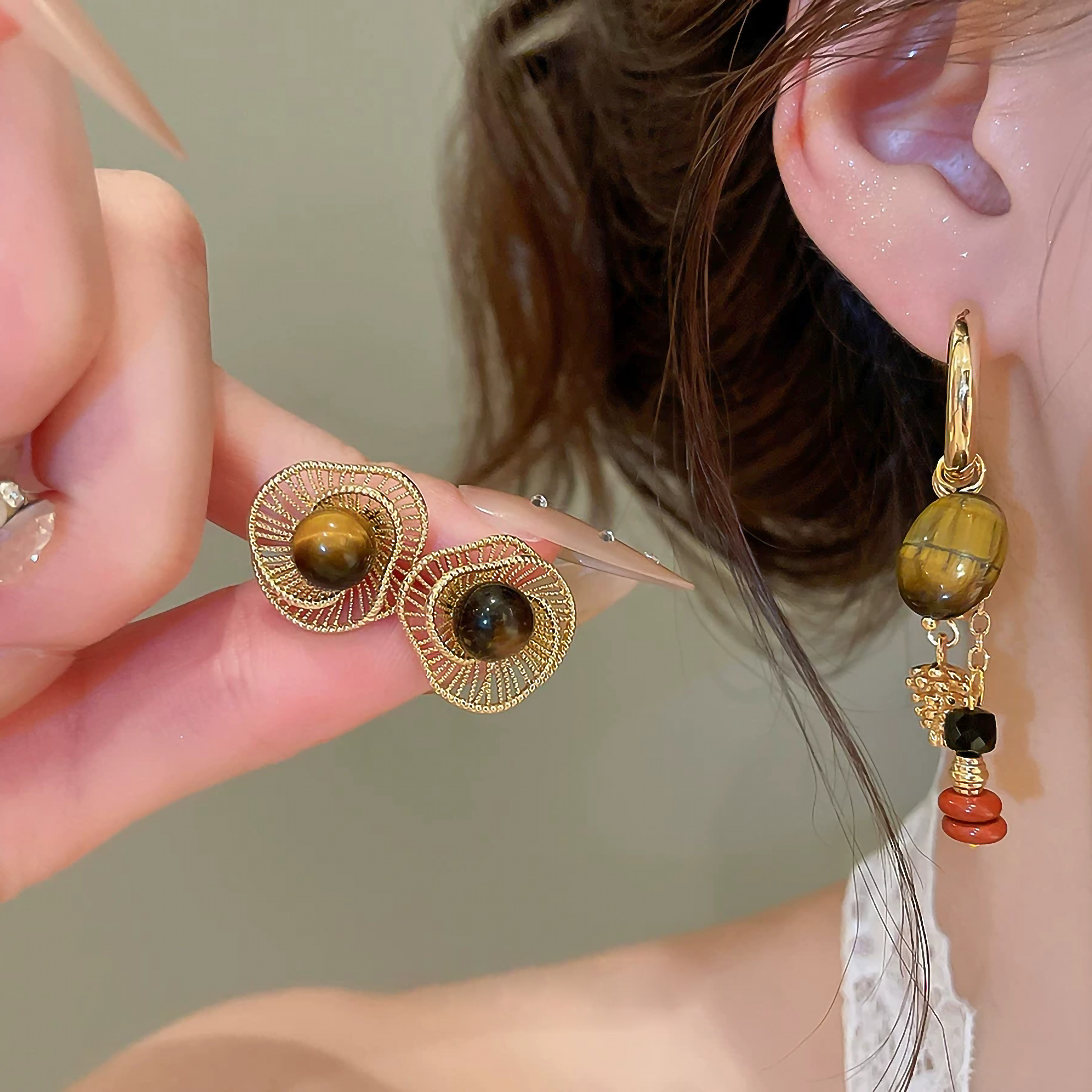 美拉德复古撞色流苏虎眼石耳环女