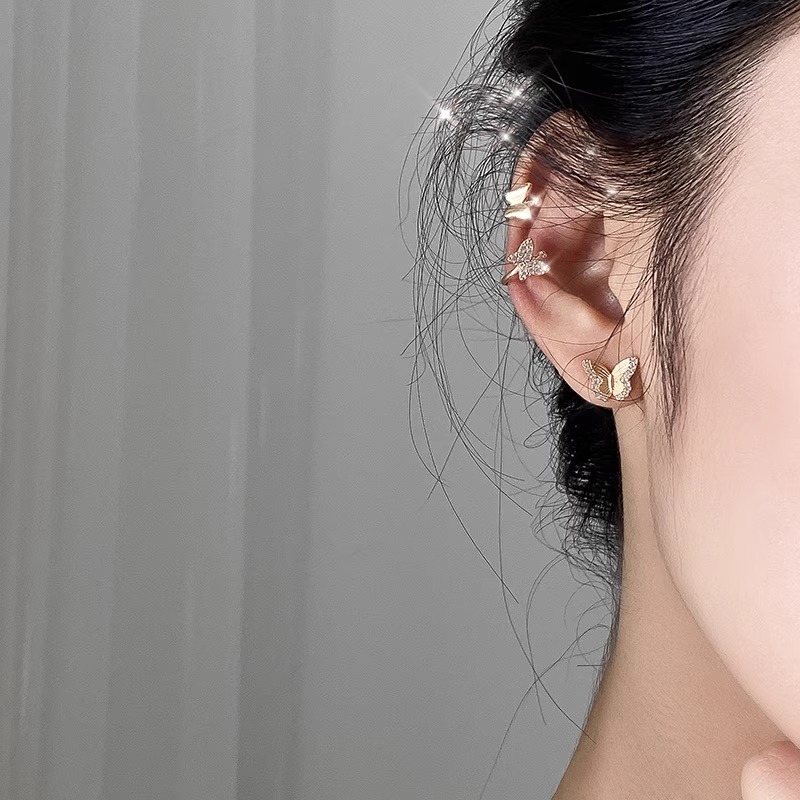 银针微镶锆石蝴蝶耳钉无耳洞