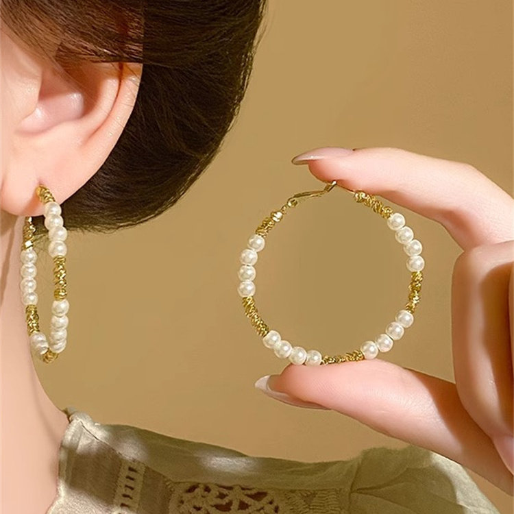 金色串珠珍珠圈圈耳环女高级感