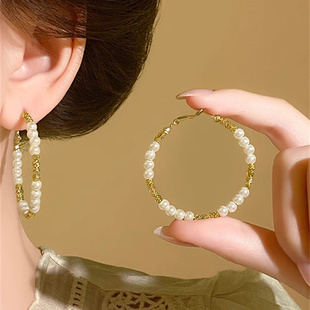 MEILAIFUREN高端定制金色串珠珍珠圈圈耳环女高级感显脸小耳钉夏