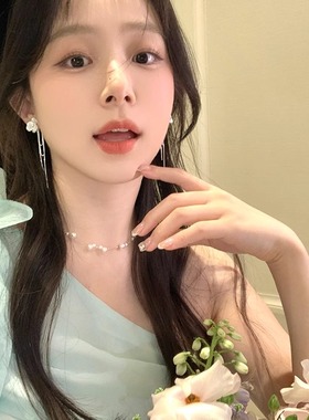 MEILAIFUREN高端定制超仙甜美蓝色锆石山茶花流苏耳环女高级感