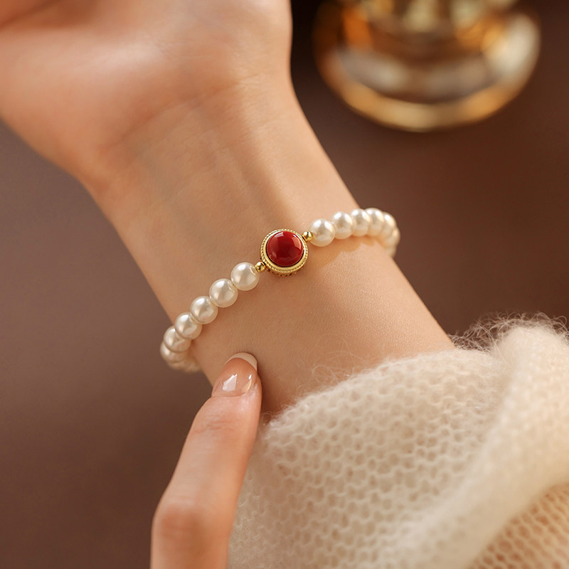 MEILAIFUREN高端定制 925纯银南红珍珠手链轻奢手镯本命年