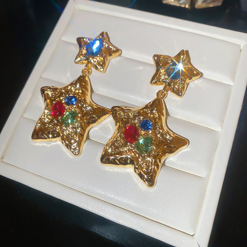 欧美风五角星水钻金色镶钻耳环