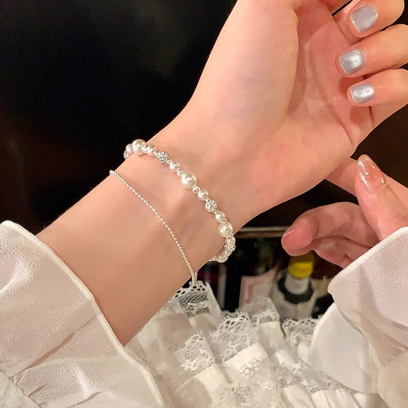 韩系爆闪钻球珍珠双层手链女