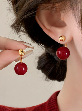 MEILAIFUREN高端定制复古红色大珍珠耳钉高级感简约气质百搭耳饰