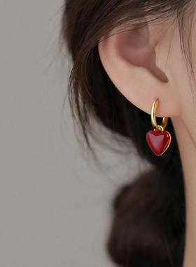 MEILAIFUREN高端定制 999银爱心耳环本命年红色耳钉女高级感耳饰