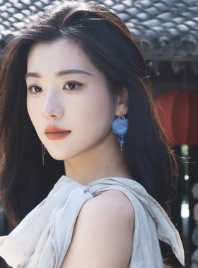 MEILAIFUREN高端定制 超仙蓝色雪纺花朵流苏耳环古风气质耳坠耳饰