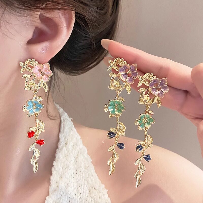 多巴胺彩色花朵流苏耳环女
