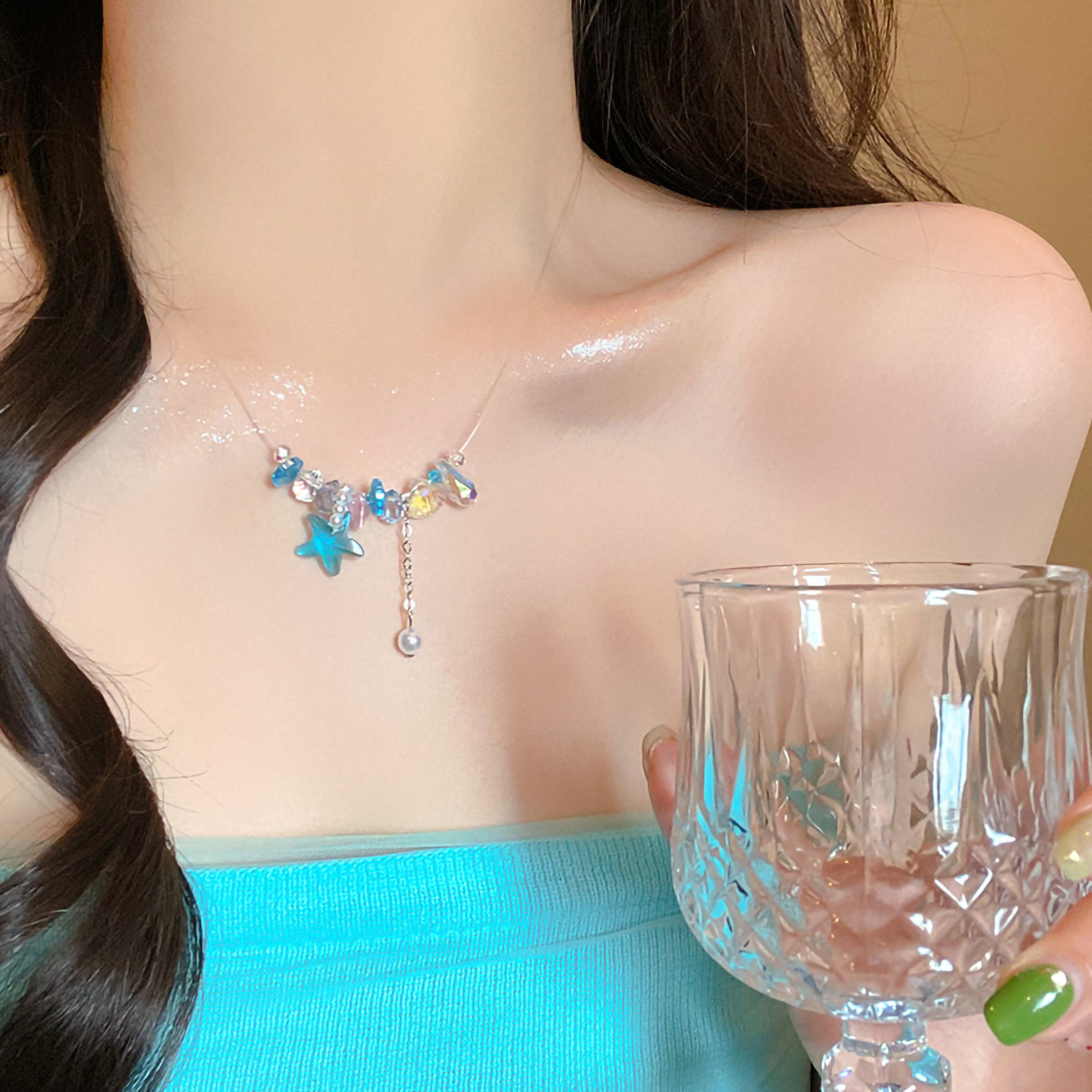 水晶星星流苏项链设计款吊坠饰品