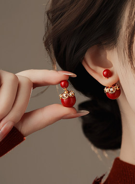 MEILAIFUREN高端定制双面大小红色珍珠花朵锆石耳环独特漂亮耳钉