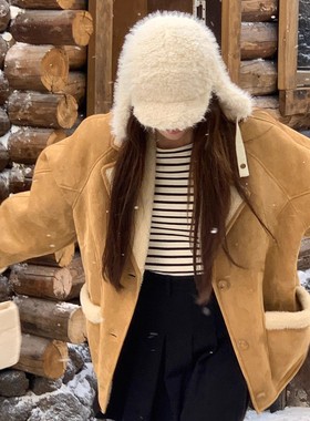 2025新款白色毛绒护耳帽女秋冬防风雷锋帽保暖滑雪帽子防寒飞行帽