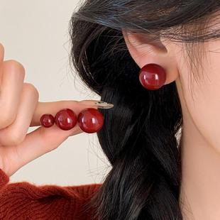 MEILAIFUREN高端定制 999纯银珍珠耳钉小众本命年2025红色耳钉