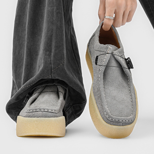 2026春季新款德比鞋复古厚底增高皮鞋男旋转扣袋鼠鞋翻毛皮乐福鞋