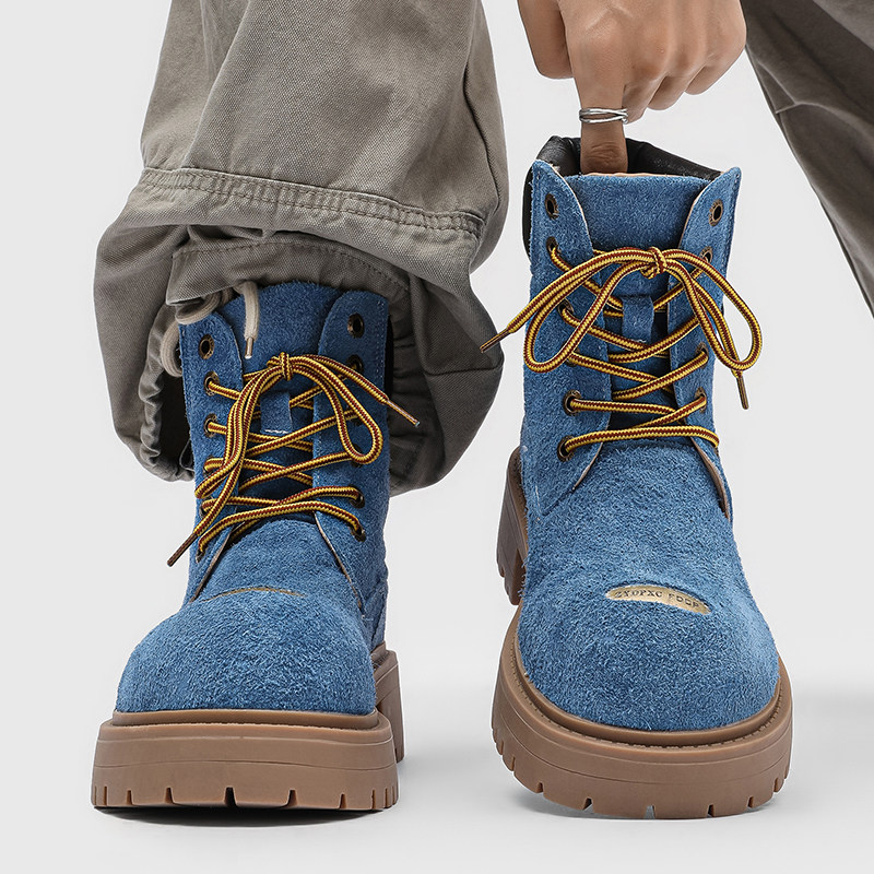 2025新款秋季蓝色厚底增高马丁靴男英伦风大头短靴翻毛皮工装靴潮,流行男鞋,马丁靴,淘宝优惠券,粉丝福利购,淘宝优惠卷