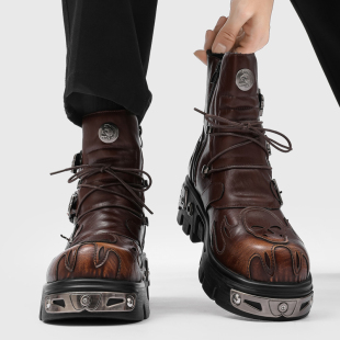 靴高帮亚比鞋 潮 饰骷髅头亚文化秋冬工装 朋克风厚底马丁靴男金属装