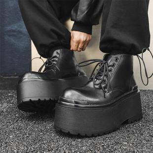 秋季 黑色发型师休闲帅气皮靴 10cm厚底增高马丁靴男巴黎走秀松糕鞋