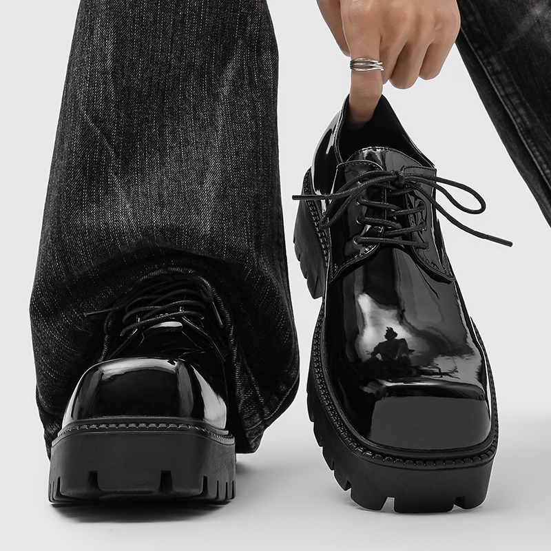 厚底方头漆皮亮面皮鞋休闲德比鞋
