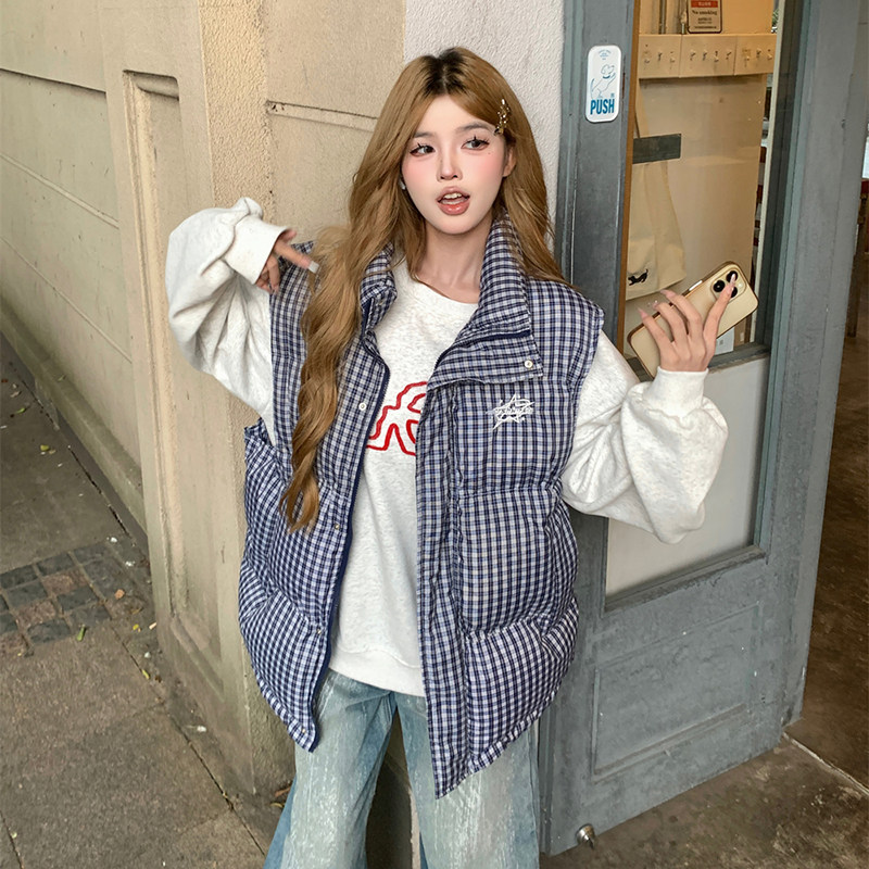 超好看 胖mm大码复古格子棉服马甲女秋冬学生叠穿时尚背心外套602
