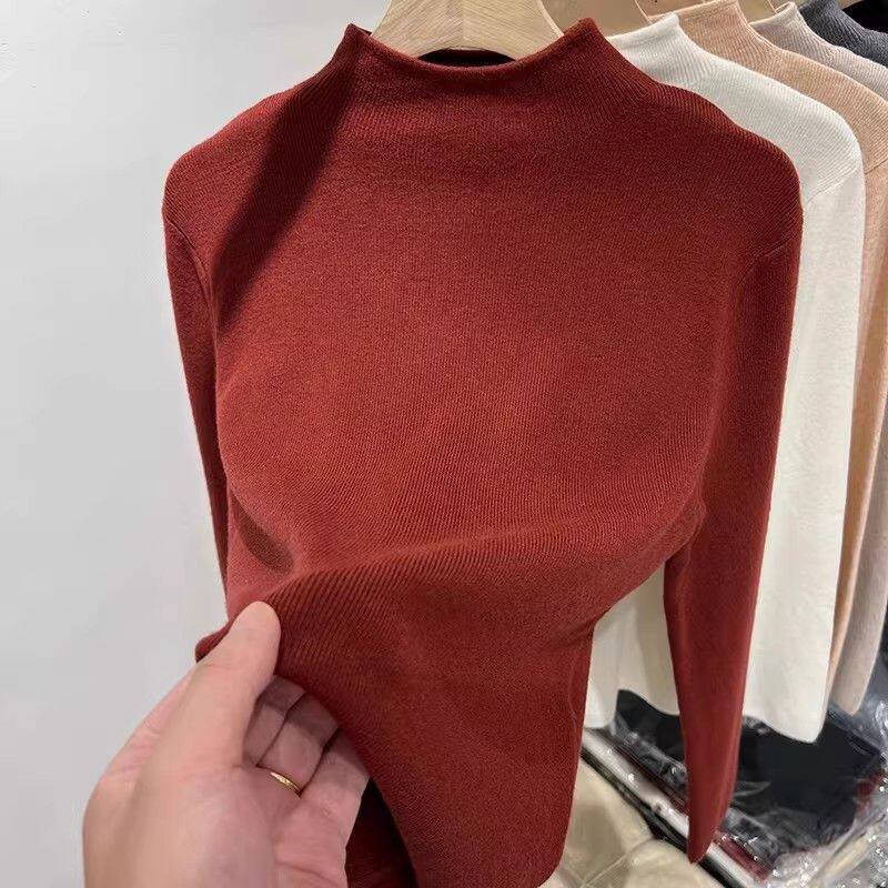 高级感安哥拉红修身长袖针织打底衫女秋冬内搭立领显瘦毛衣上衣