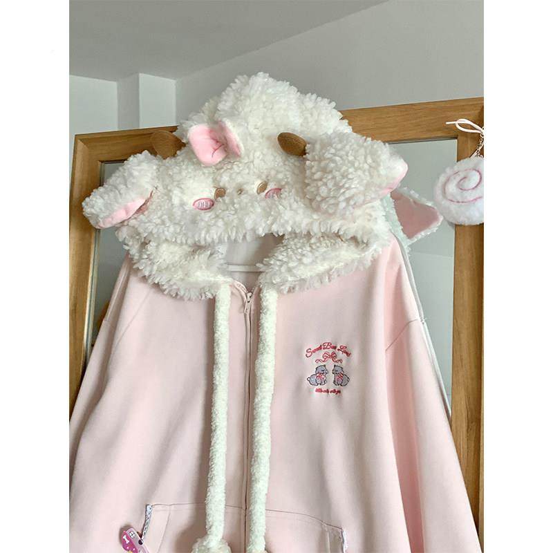 可355卫爱刺绣小连绵羊衣女春秋甜美软妹学子院宽松小个羊羔毛帽