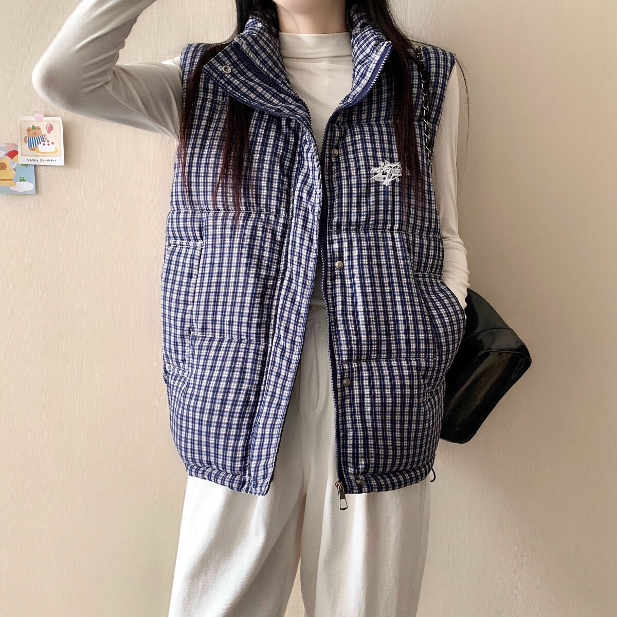 超好看 胖mm大码刺绣格子棉服马甲女秋冬百搭保暖无袖背心外套602