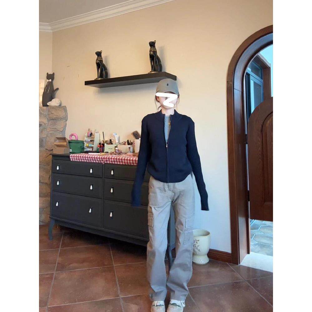 美立领拉炼 炼 织开 衫外套秋AN240813冬外针穿修身短式款藏青色