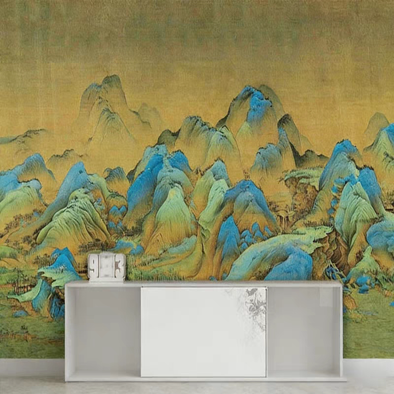 千里江山图壁纸中式古典山水国画墙纸饭店餐厅酒店包厢背景墙壁画
