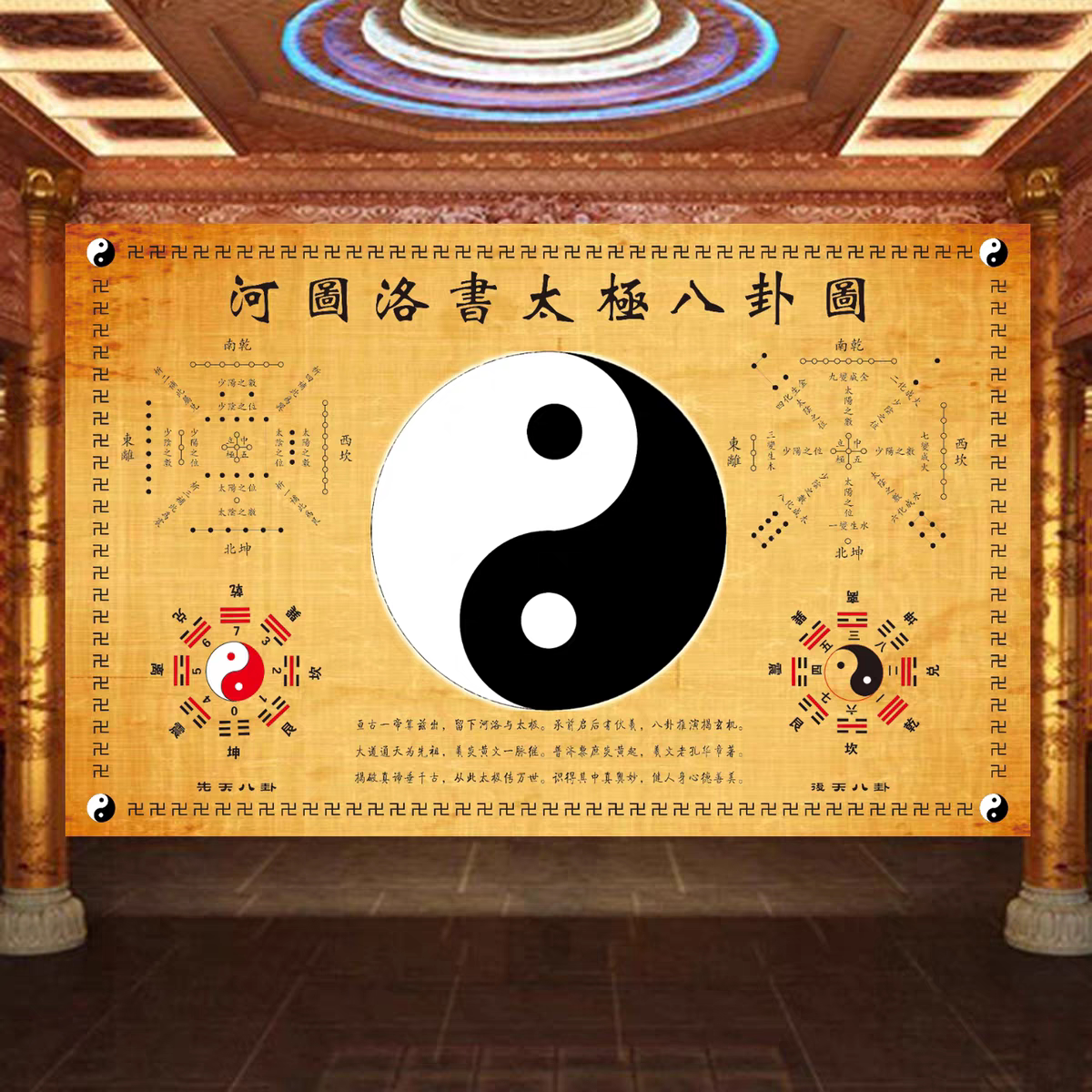 河图洛书太极八卦图墙画周易风水阴阳鱼图解壁纸道家神台背景墙纸