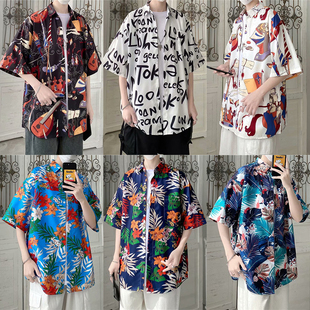 宽松休闲沙滩夏威夷复古痞帅花衬衫 ins港风短袖 薄款 男夏季 潮 衬衫