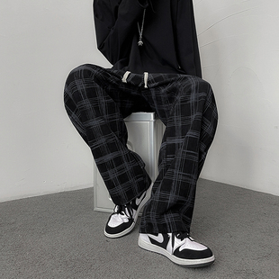 古着vintage裤子高街ins潮宽松灯芯绒阔腿裤男秋季chic港味格子裤