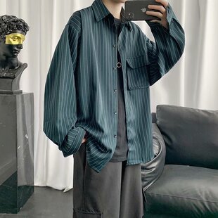 很仙的衬衫男长袖ins痞帅衬衣男港风宽松条纹寸衫男韩版潮流上衣