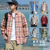 潮ins长袖 春秋休闲格子衬衫 男士 情侣衬衣服痞帅港风日系宽松外套