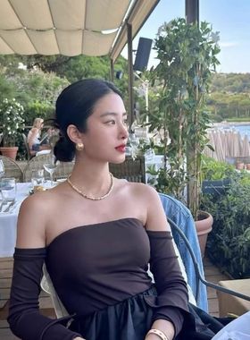 美拉德杨采钰同款贝母白金色串珠项链度假高级感锁骨链毛衣链