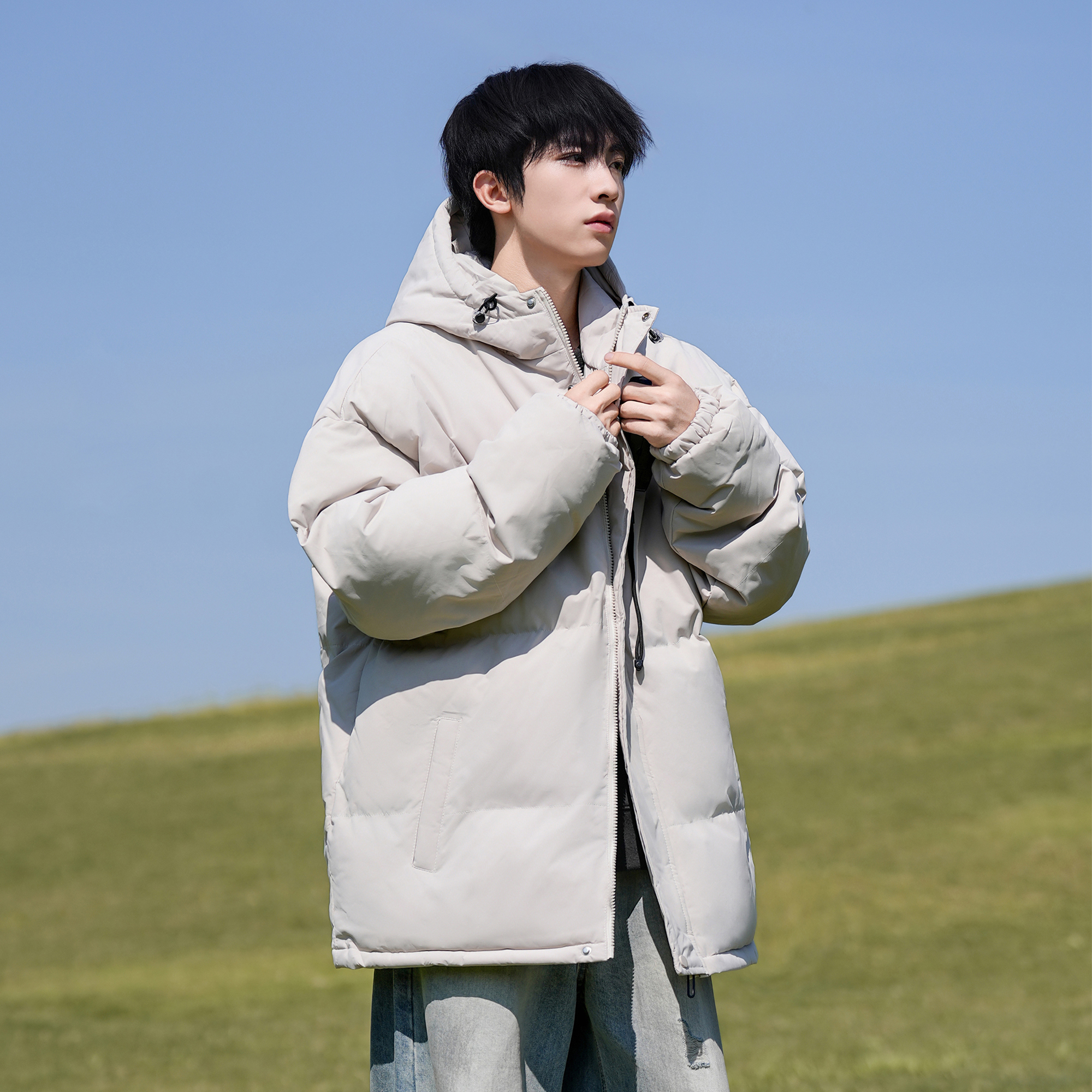 二更纯色棉服男冬季加厚防寒休闲宽松棉衣潮流连帽男生面包服外套