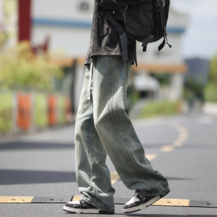 二更复古水洗抽绳松紧牛仔裤男春季宽松休闲潮牌美式男生直筒长裤