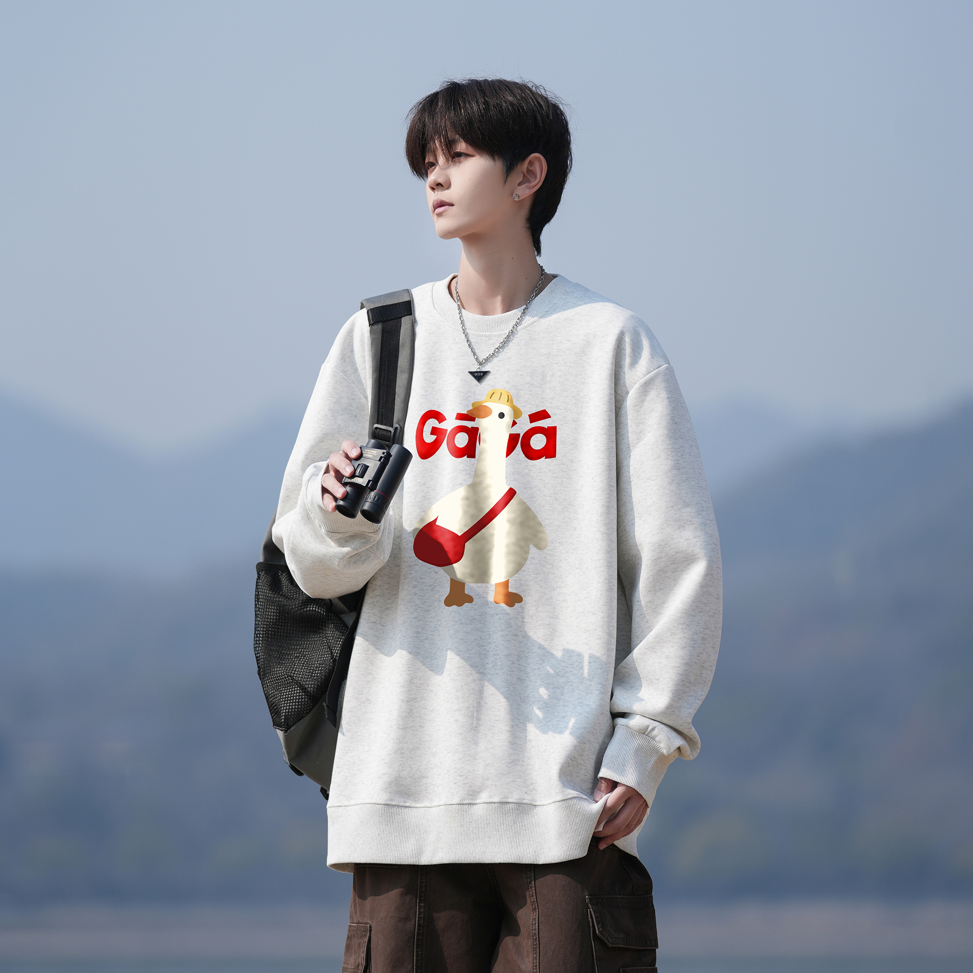 二更重磅无帽圆领卫衣男春秋季潮牌印花简约宽松休闲男生上衣外套